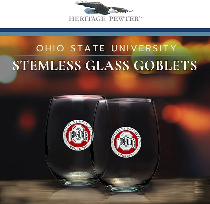 Heritage Pewter Ohio State Buckeyes Stemless Glass Goblets – Set of 2 | 15 OZ Goblet Wine Glasses | Expertly Crafted Pewter Glass