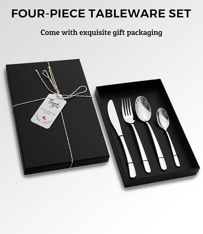 Personalized Silverware Set, Custom Engraved Name 4 Piece Stainless Steel Flatware, Mirror Polished Cutlery Utensil Including Fork Spoon and Knife for Birthday Christmas Back to School Party Gifts