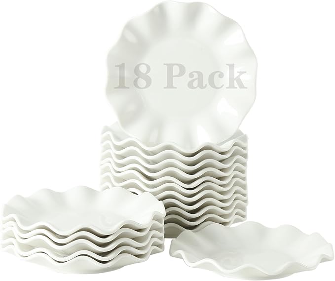TAMAYKIM 18 Pieces 6 Inch Porcelain Dessert Plates, Small Appetizer Plates, Wavy Rim Dinnerware Sets, Microwave, Oven, and Dishwasher Safe, White