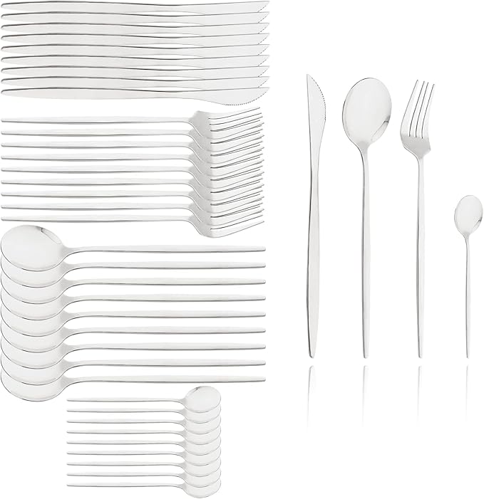 40 Pcs Mirror Polish Silverware Set, Large Set 18/10 Stainless Steel Flatware Cutlery Set For Home Daily Use/Wedding Party/Restaurant, Utensils Set Service For 10 (Silver)