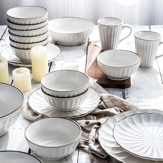 Pottery Tableware,35 Pieces Simplest White Ceramics Plates Bowls Combination Porcelain Petal Shape Combination Set