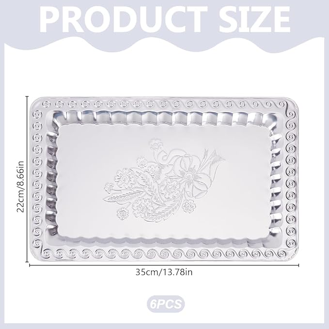 ORIGACH 6 Pack 9.84x8.54 Inch Sliver Serving Trays Set, Engraved Floral Swirl Mirror Tray, Stainless Steel Tableware Platters for Cookies, Snacks, Desserts, Wedding & Birthday Display