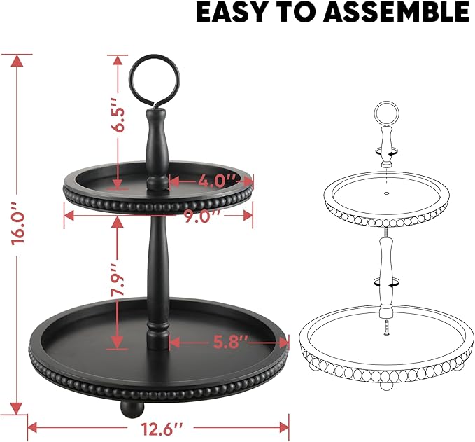 Beaded Tiered Tray Stand, Rustic Wooden 2 Tier Decorative Tray with Bead Garland, Farmhouse Round Wood Serving Tray Counter Centerpiece for Coffee Bar Home Decor Holiday Housewarming Gifts (Black)