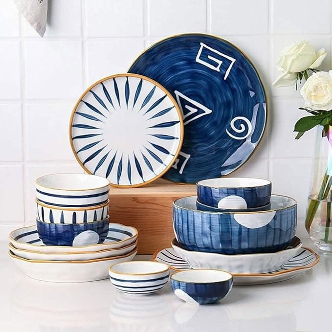 ☆Porcelain Dinnerware Set, 28 Pieces Japanese Style Ceramics Dinner Sets | Plate/Bowl - Tableware Combination Set for Restaurant,Blue,White(Blue)