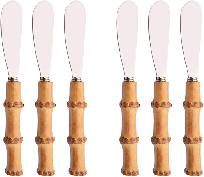 6-Piece Bamboo Silverware Set, Stainless Steel Flatware Hostess Serving Set Bamboo Utensils Tableware Set for Home Camping Travel Hotel - 6pcs Butter Knife