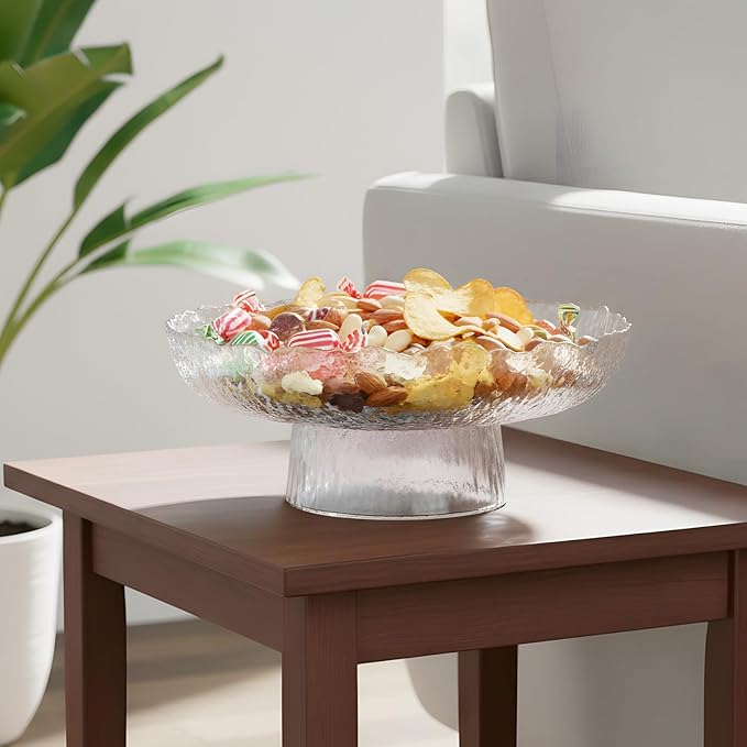 Large Glass Fruit Bowl for Kitchen Counter Decorative Centerpiece Bowl for Table Home Déco, Clear Hammered