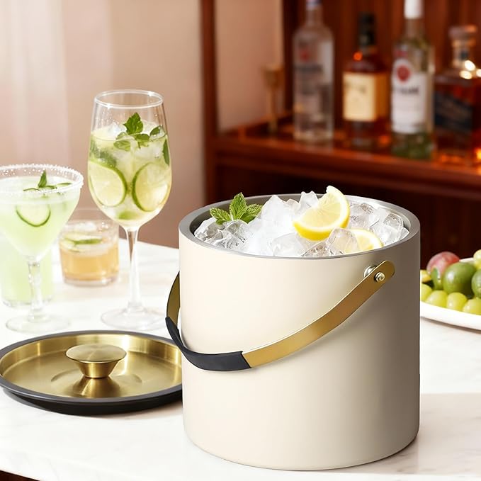 3.2L Modern Insulated Ice Bucket with Silicone Lid, Scoop, Strainer, Double Wall Stainless Steel Ice Bucket for Parties & Cocktail Bar,Ideal for Gift(Pearl White)
