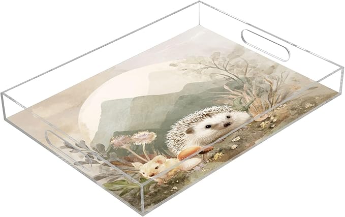 Serving Tray with Handles Clear Acrylic Tray 12x16 Inch Decorative Rectangular Tray Organizer for Ottoman Coffee Table Bathroom Beige Hedgehogs Mountains Mushrooms Flowers