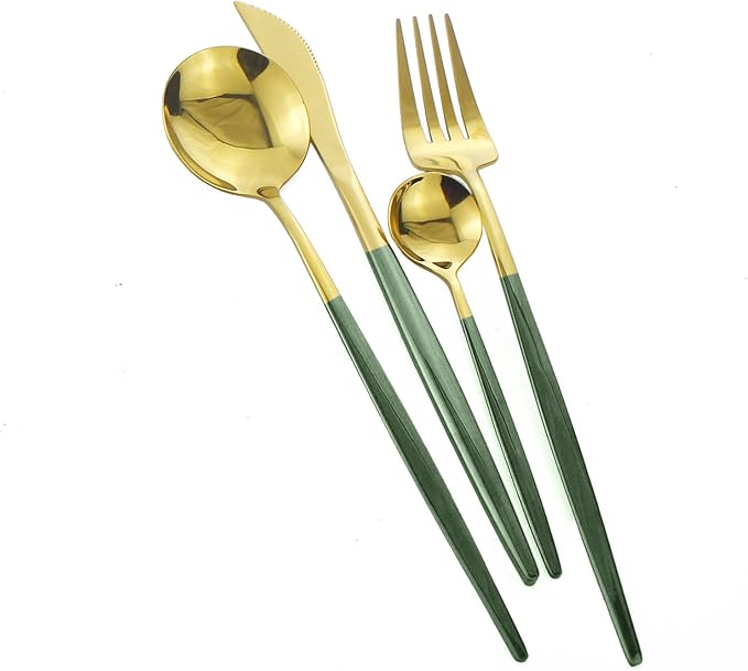24-Piece Green Gold Korean Silverware Sets Mirror Polished Stainless Steel Modern Flatware Cutlery Set Service for 6 Including Forks Spoons Knives Kitchen(Dark Green Gold)