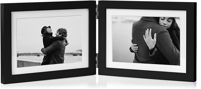 5x7 Double Horizontal Hinged Wood Picture Frame Folding Photo Frame with Real Glass Front in Black for Tabletop, Display 4x6 with Mat or 5x7 without Mat P-HEI-2H57