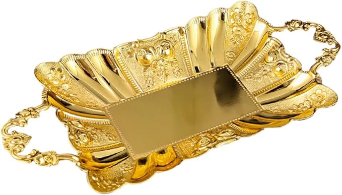 Metal Serving Tray with Handles 11.02x5.51x2.05inch European Style Mirror Fruit Plate for Candy Cupcake Dessert Bar Countertop Table Centerpiece Decor- Gold