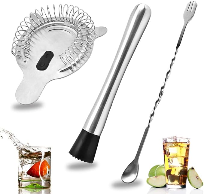 SENHAI Stainless Steel Cocktail Muddler, Spiral Mixing Spoon & 4-Prong Bar Strainer, Home Bar Bartender's Muddling Tool Set
