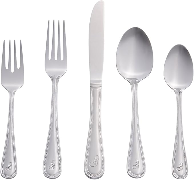 RiverRidge Monogrammed Beaded Flatware Set - S - 46-Piece Silverware with Custom Letter Stamp, 18/0 Stainless Steel Utensils Set for Daily Use & Special Occasions - Dishwasher Safe, Versatile Design