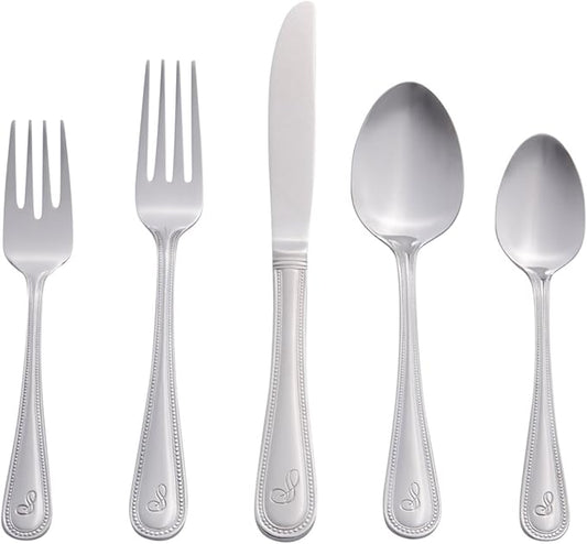 RiverRidge Monogrammed Beaded Flatware Set - S - 46-Piece Silverware with Custom Letter Stamp, 18/0 Stainless Steel Utensils Set for Daily Use & Special Occasions - Dishwasher Safe, Versatile Design
