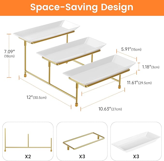 3 Tier Serving Tray for Party, 12"x6" Tiered Serving Platters with Steel Display Stand for Sevring Food,Cookies,Veggie, Dessert,Fruit, Gold