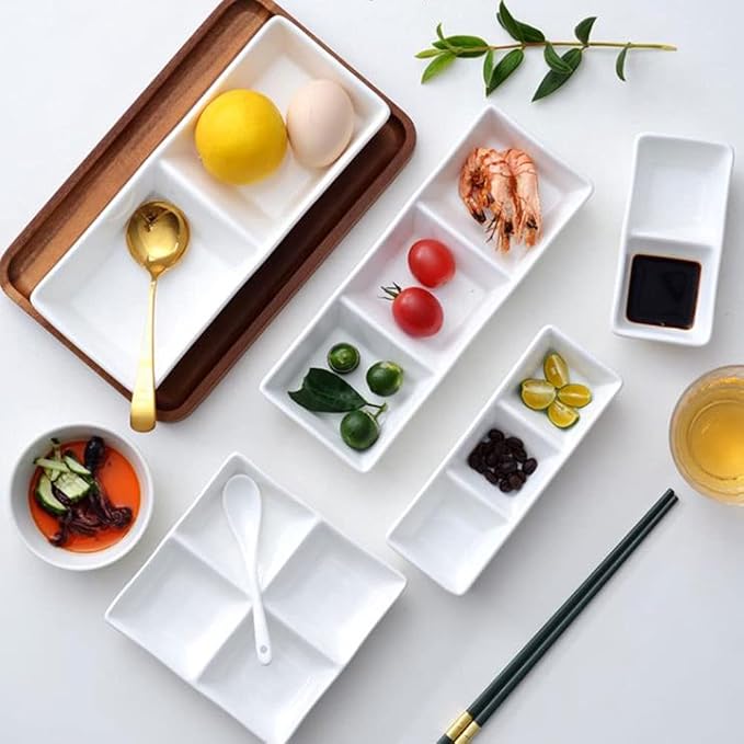 Sauce Dish White Ceramic Soy Sauce Dish 3 Compartment Appetizer Plate Tray Divided Dipping Sauce Dishes for Sushi Ketchup Appetizer Serving (White 9.65×3.54×1.38in)