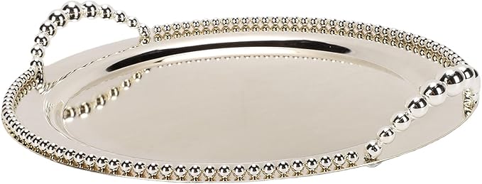 Bewinner Round Metal Serving Tray with Handles 31.5cm, Silver Stackable Platter for Fruits Desserts Snacks, Indoor Outdoor Use for Kitchen Living Room BBQ Party Decor
