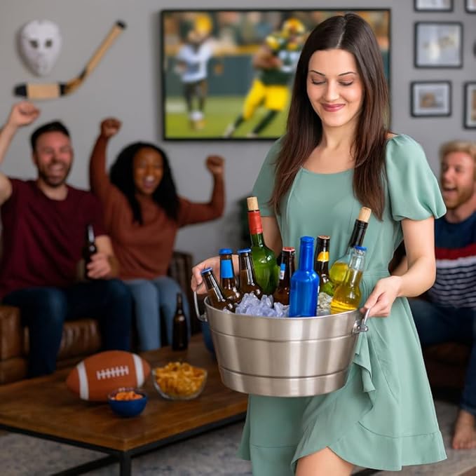 BREKX Stainless Steel Ice Bucket for Parties, Double Wall Insulated Anchored Brushed Drink Tub & Wine Bucket with Double Hinged Handles, Drink Chiller for Parties, 12QT (3 Gallon), 100% Leak Proof