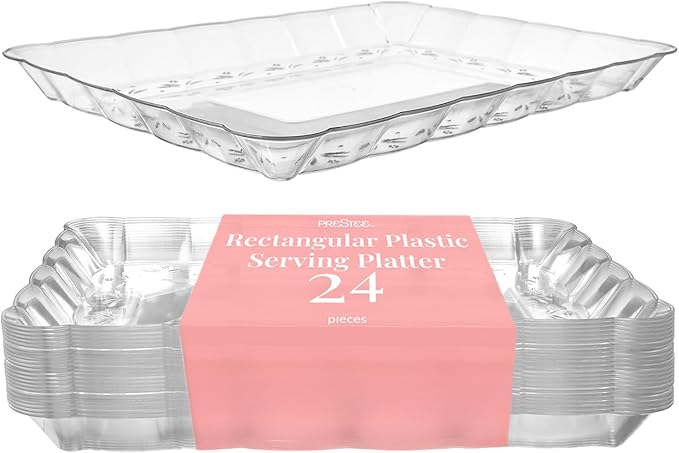 Prestee 24 Pack Plastic Serving Trays Set - 9 x 13 Clear Rectangular Disposable Platters for Parties - Durable Plastic Trays and Platters for Serving Food Party Snacks, Appetizers, and Desserts