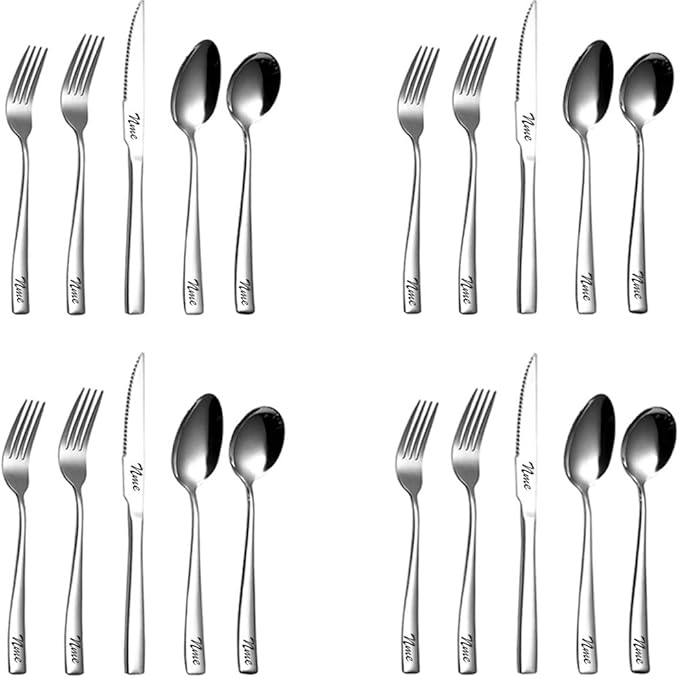 4-Set Personalized Flatware Set, 20-Piece Stainless Steel Cutlery, Includes 4 Knives/4 Forks/4 Spoons, Mirror Polished, Engraved Names
