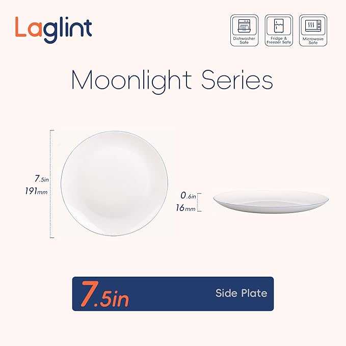 7.5 inch Appetizer Plate Set of 6, Lightweight Opal Glass Round Salad Plates for Dessert Kitchen, Dishwasher and Microwave Safe, Hand Painted Navy Blue Rim