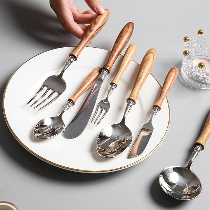16 PCS Stainless Steel Flatware Set with Wood Handle, Family Cutlery Set for 4, Dinnerware Set with Spoon Fork Knife, PearWood Handle Silverware Utensils, Mirror Polished
