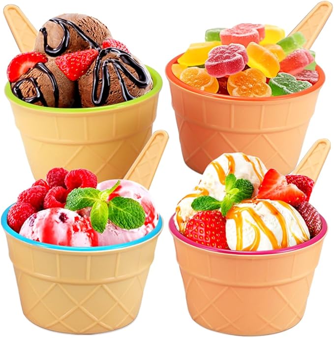 Tellshun Dessert Bowls, 4 Pack Ice Cream Bowl Spoon Set, Frozen Yogurt Cups with Spoons Durable Plastic Candy Color Lovely Dessert Bowl DIY Ice Cream Tools For Festive Party Favor Kids Gift