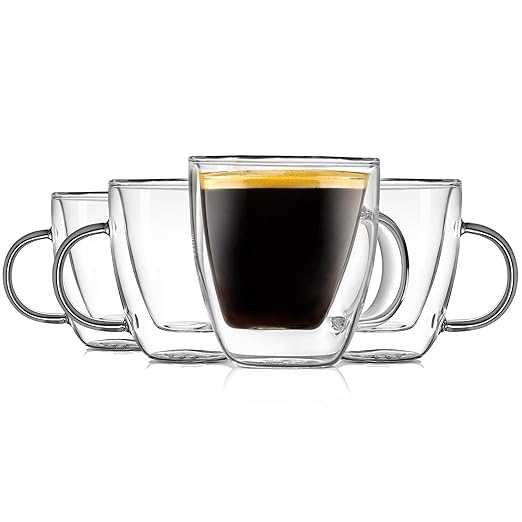 NutriChef Double Walled Glass Espresso Cups - 5.2 Fluid Oz Premium Insulated Borosilicate Glass Coffee Mugs for Hot & Cold Drinks - Dishwasher Safe, Set of 4
