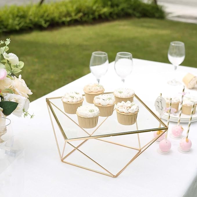 Efavormart 12" Gold Metal Geometric Cake Stand Gold Cake Riser with Glass Top Glossy Metallic Finish for Dessert Cupcake Pastry Candy Display Plate Event, Birthday Party