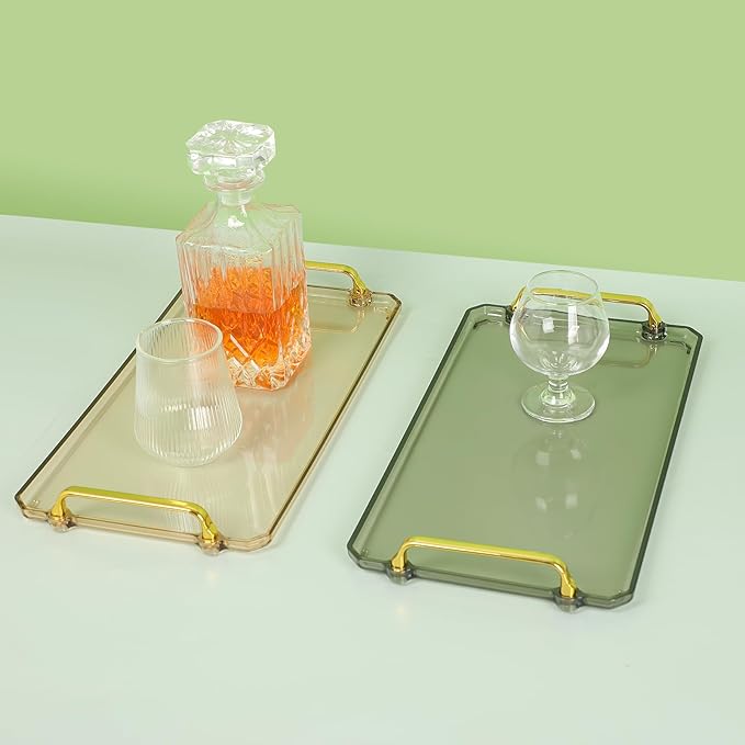 Acrylic Serving Tray with Handles - Multi-Use Plastic Tray for Party, Kitchen & Bathroom - Decorative Valet Tray for Ottoman, Dessert & Coffee Table (Amber)