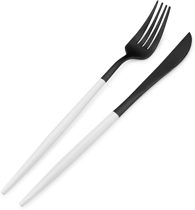 Matte Black Silverware Set with white handle, Bysta 5-Piece Stainless Steel Flatware Set, Kitchen Utensil Set Service for 1, Tableware Cutlery Set for Home and Restaurant, Dishwasher Safe