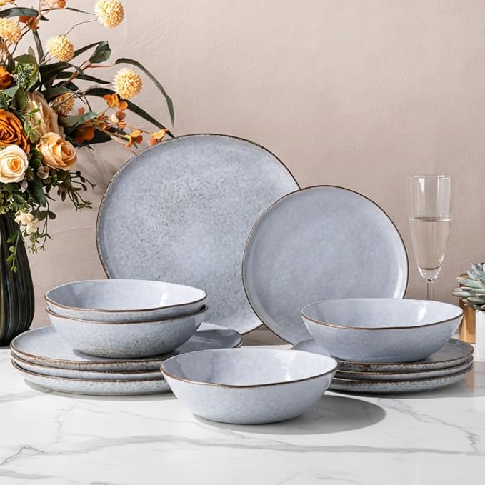 AmorArc Ceramic Dinnerware Sets,Handmade Reactive Glaze Stonewre Plates and Bowls Sets,Highly Chip and Crack Resistant | Dishwasher & Microwave Safe Dishes Set,Service for 4 (12pc)