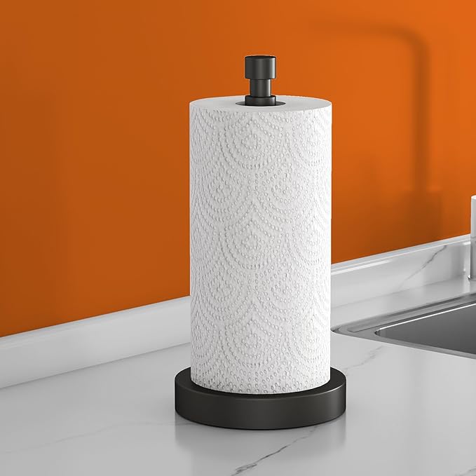Paper Towel Holder Countertop, Black Paper Towel Holder with Weighted Base Non Slip, Standing Paper Towel Roll Holder for Kitchen Bathroom, Easy One-Handed Operation, Stainles Steel (Matte Black)