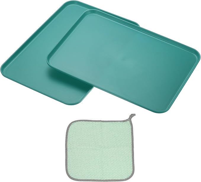 PATIKIL 15x10.6 Plastic Tray, 2 Pack Rectangular Plates Food Tray Wheat Plates Dishes Reusable Dessert Plate Trays with Cloth for Cake Fruits Salad Cupcake Steak Serving Dark Green