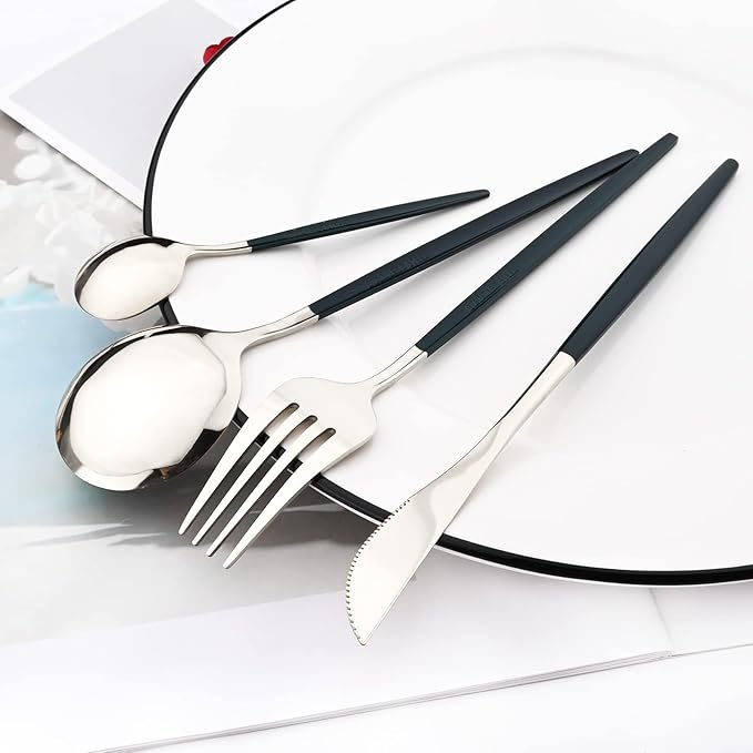 40 Pcs Silverware Set With Teaspoon For 10, Food Grade Stainless Steel Utensils Tableware Set, Elegant & Simple Flatware Serving Set Include Knife Fork Spoon, Mirror (Green Silver)