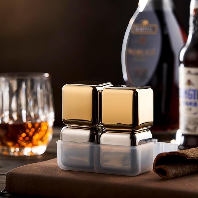 4 Large Whiskey Stones 64 cm³ (4 cu in) - Man Gift Set - Reusable Stainless Steel Metal Ice Sphere Cubes Beverage Chilling Rocks Whiskey Stones for Red Wine, Bar Beer, Scotch, Vodka Drinks - Gold