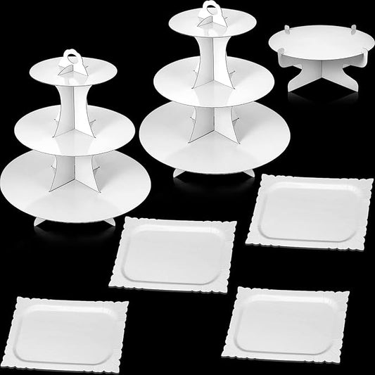 Zopeal 7 Pcs Dessert Table Display Set 3-Tier Cupcake Stand 1-Tier Cup Cake Display Tower Platters and Serving Trays Cardboard Cake Cookie Holders for Wedding Birthday Party Baby Shower(White)