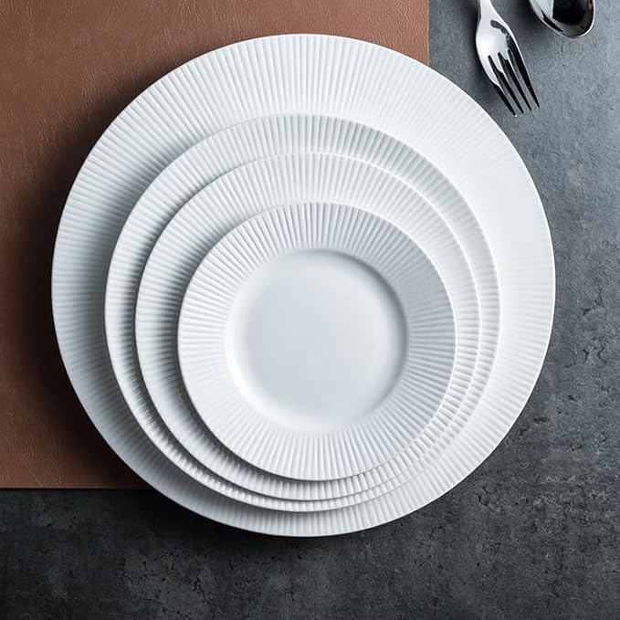 Modern Large Dinner Plates 7-inch Ceramic White Simple Creative Embossed Striped Appetizer Plate Restaurant Steak Dessert Tableware Stackable Dinner Plates