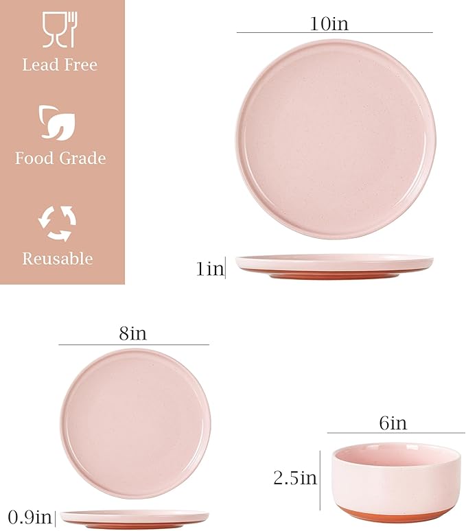 Plates and Bowls Sets, 6Piece Ceramic Dinnerware Set for Family and Gatherings,Dishes Set for 2,Dishwasher & Microwave Safe, Handcrafted Dishware Sets，Elegant Pink