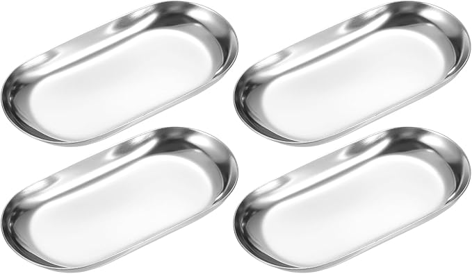 uxcell 4pcs Stainless Steel Decorative Tray, 3.9" Oval Serving Tray Metal Decorative Plate for Perfume Jewelry Cosmetic Bathroom Organizer, Silver