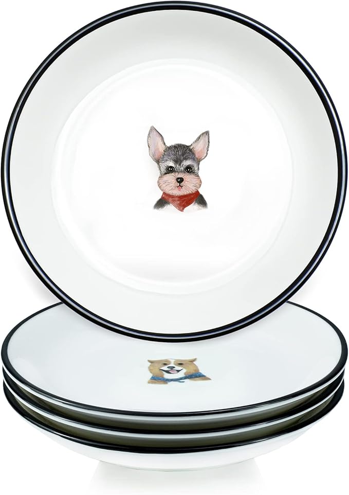 SOCOSY Cute Retro Style Smiling Dogs Ceramic Seasoning Dishes Sauce Dish Sushi Dipping Bowl Appetizer Plates Tea Bag Holder Serving Dish for Kitchen, 5 Inch, Set of 4