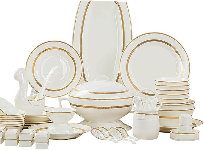 Gold Rim Ceramic Tableware Set Handmade Modern White China Ceramic Floral Tableware Set Suitable for Family Hotel Restaurant 60 Piece