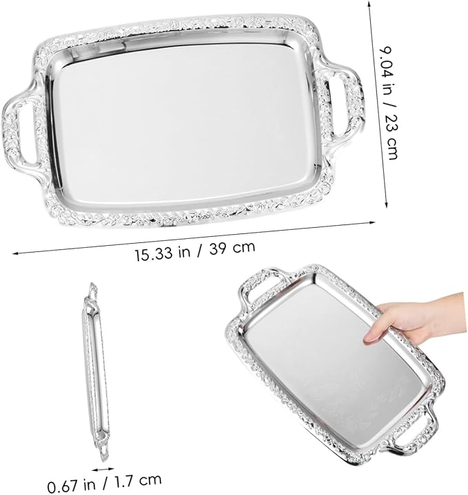 Veemoon Rectangular Silver Serving Tray - Vintage Metal Tray for Whiskey - Dining Tableware and Decorative Platter Perfect for Entertaining and Home Decor