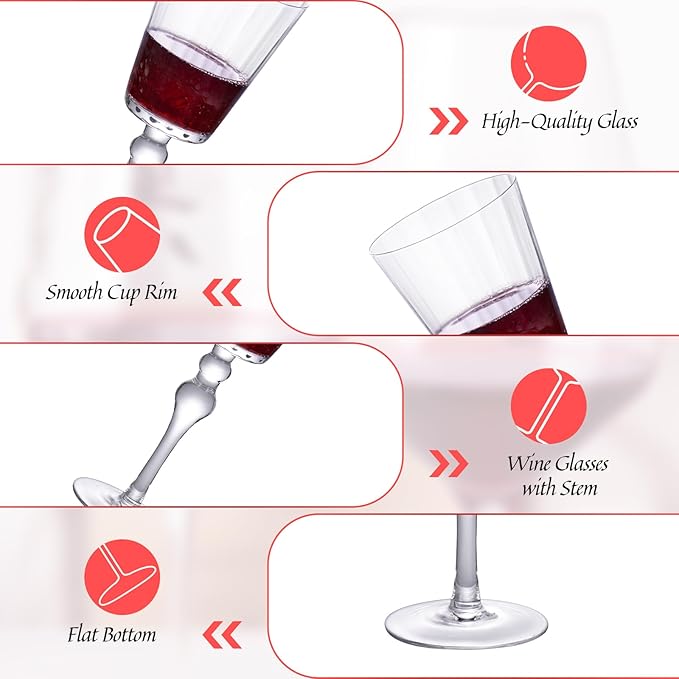KAMMAK Wine Glasses Set of 2, 11.16 oz Hand Blown Crystal Bordeaux Wine Glasses, Thin Rim & Long Stem, Perfect for Red & White, Daily Use, Wedding or Birthday Gift with Gift Box, Flat Double Pearls