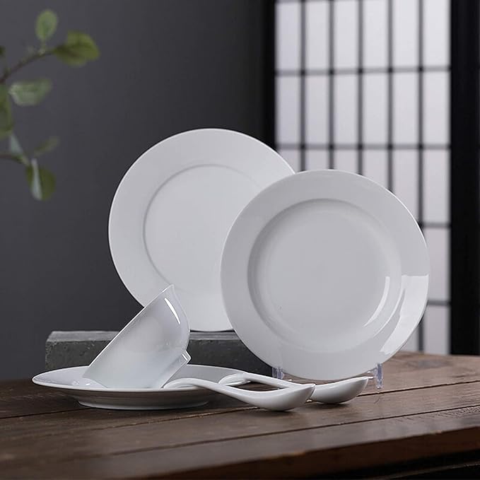 Ceramics Dinner Sets, 26 Pieces Pure Color Dinnerware Set | White Porcelain Steak Plate Cereal Bowl and Soup Bowl for Restaurant