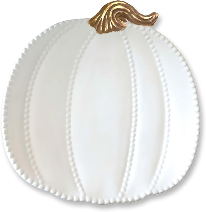 Mary Square Fall Harvest 8 Inch Glossy Textured Ceramic Appetizer Serving Dish Plate, Classic White, Gold Tone, Pumpkin Design