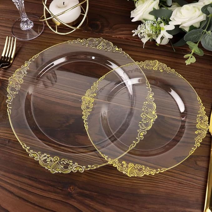 10" Dinner Plates -Set of 10 - Plastic Clear Gold Round Baroque Disposable Plate Leaf Embossed Rim, Ideal for Decoration Party Wedding Bulk Events