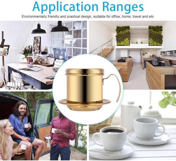 Vietnamese Coffee Dripper, Stainless Steel Vietnamese Coffee Maker Powder Capacity 15g, Heavy-Duty Small Phin Drip Filter, Dishwasher Safe, Home Use, Travel, Camping, Gift Sets (Gold)