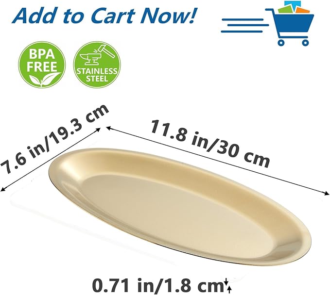 SANQIAHOME 11.8x7.6 Inch Thick Stainless Steel Dinner Plate 2-Piece Set, Egg-Shaped Appetizer Plate,Gold