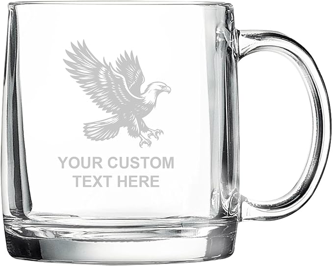 Eagle, Personalized 12.5 oz Polar Camel Glass Coffee Desk Mug – Custom Laser Engraved Clear Cup for Tea, Espresso, Latte, Whiskey - Microwave Safe/Made in USA